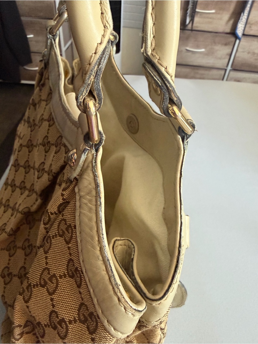 Gucci Beige Brown GG Canvas Shoulder Bag with Leather Trim - Picture 12 of 14